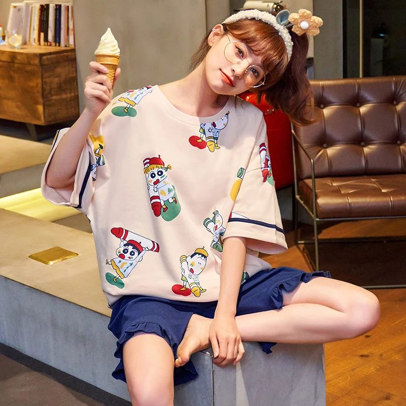 

Ladies Pajamas Casual Fashion Comfortable Round Neck Sleepwear Women's Home Wear Cotton Comfortable And Soft Summer Plus Size
