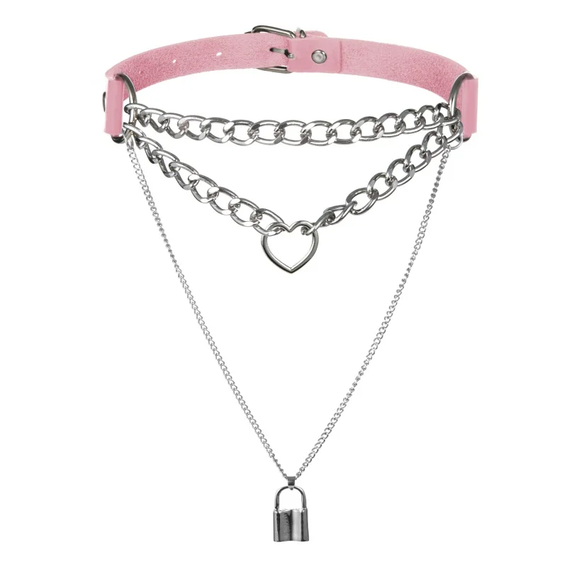 

Gothic Lock Chain choker collar harajuku Punk pendant necklace women girls black leather chocker emo Kawaii witch rave jewelry
