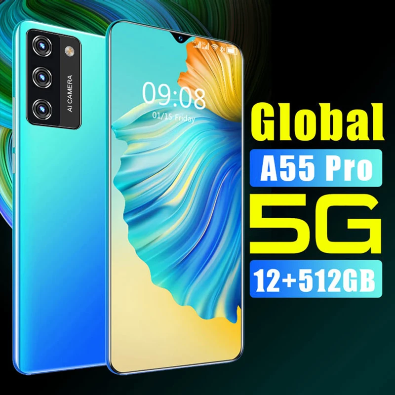 

New Smart Phone A55 Pro 6.8 Inch Full Screen 12+512GB 24+48MP MTK6889 Face Unlock 5G Mobilephones 5000mAh Deca Core Andriod 10.0