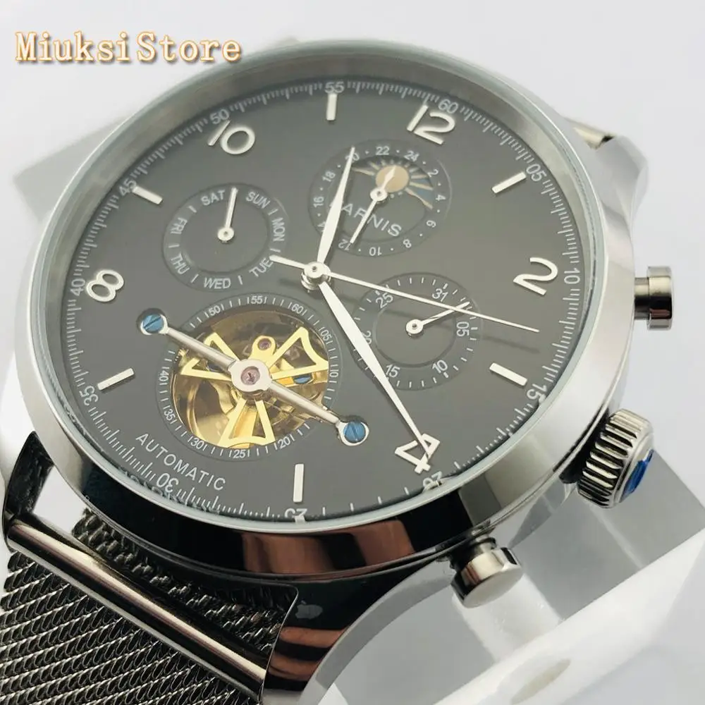 Мужские автоматические механические часы Parnis серебристый чехол 43 мм с черным