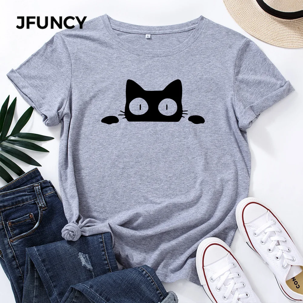 JFUNCY Fun Cartoon Cat Print Loose T Shirt Oversize Women Tees Top Summer Cotton T-Shirt Woman Shirts Fashion Casual Pink Tshirt