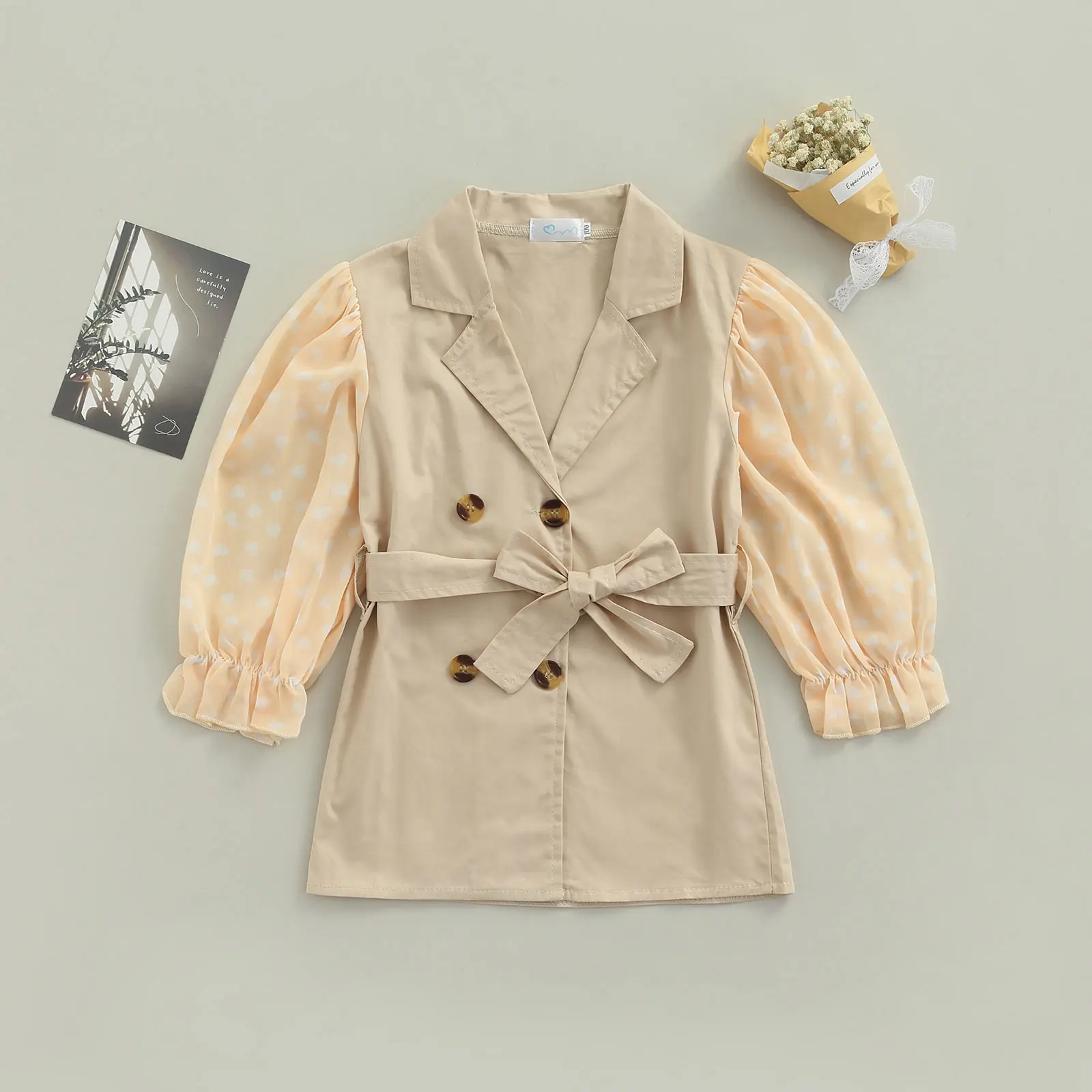 

Детское платье-миди в горошек, платье с длинным рукавом-фонариком, отложным воротником, высокой талией и поясом для девочек