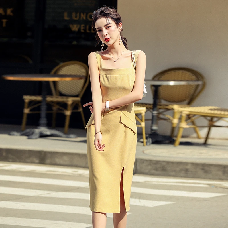 

Summer Elegant Women's Yellow Strap Dress Lady Robe Square Neck Split Midi Dress Korean Clothing Female Vestidos