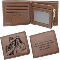engraving picture wallet diy customized image carving text mens short slim three fold leather fathers day zipper coin purse
