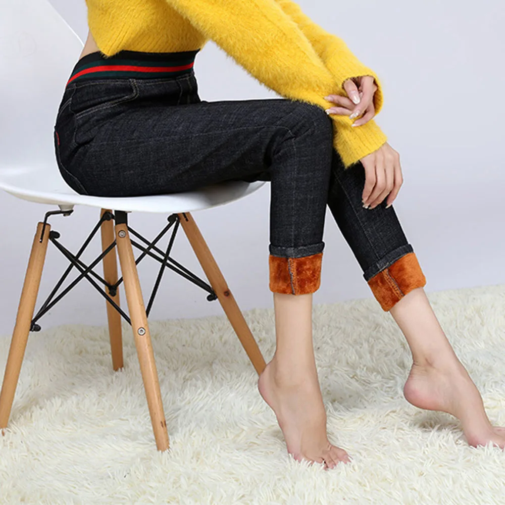 Женские джинсы из плотного флиса повседневные с высокой талией и эластичной