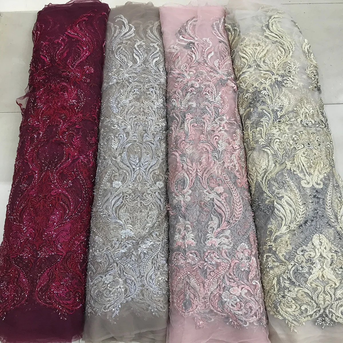 

Perfect Quality Dusty Blue Heavy Handmade Mesh Lace Sequins Fabric For African Party Dress Women Beaded Embroidery Champange Net
