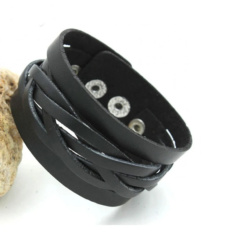New Black Color Genuine Leather Handmade Weave Punk Wide Cuff Bracelets&ampBangles Women Men Jewelry Accessorie Wristband | Украшения и
