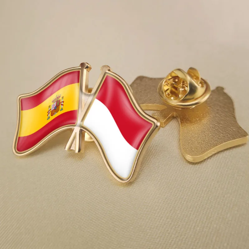 

Spain and Indonesia Crossed Double Friendship Flags Lapel Pins Brooch Badges