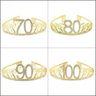 Золотая тиара со стразами для дня рождения, тиара, корона, топпер для торта для женщин, 70, 80, 90, 100, аксессуары для украшения дня рождения