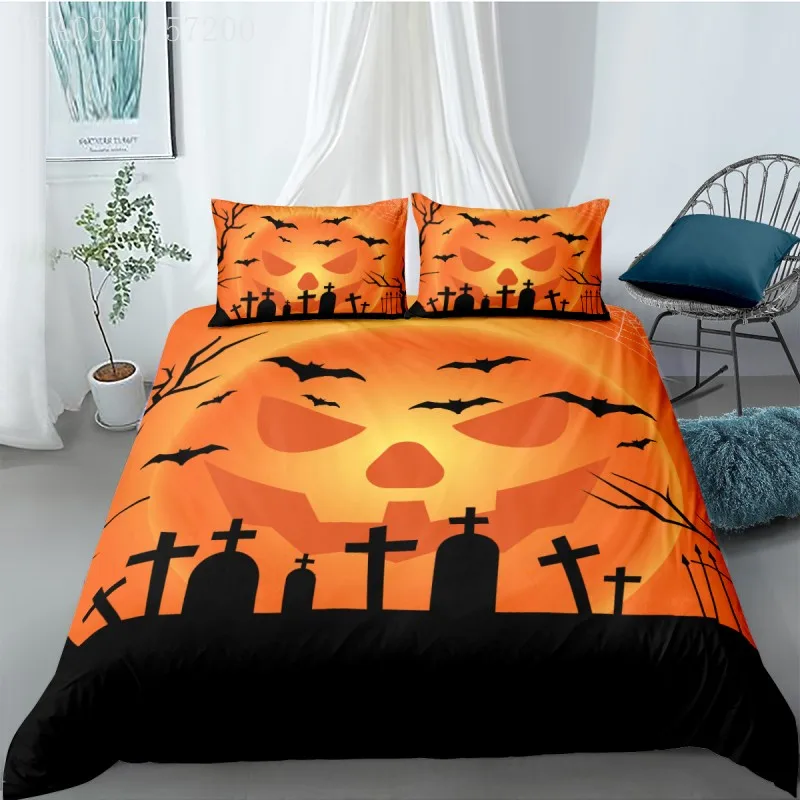 

Orange 3D Bedding Halloween Print Bed Linen Set Cemetery Pumpkin Bat Soft Microfiber Duvet Cover Set Adults Kids Quilt Cover