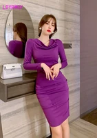 2021 spring temperament purple pile collar slim bag buttocks with base dress sheath office lady