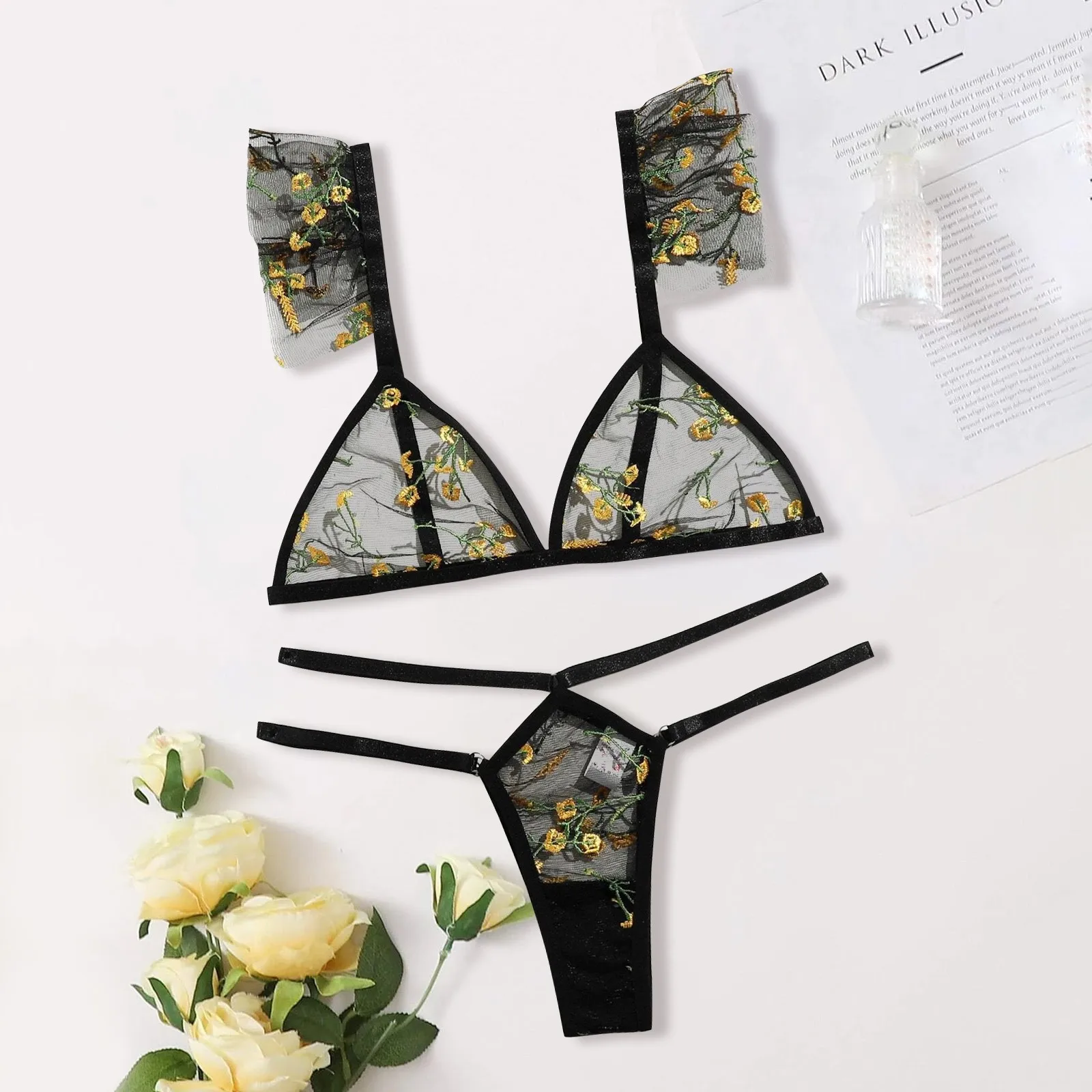 Пижама pour femme сексуальные стринги с цветочным узором и вышивкой в виде Розы