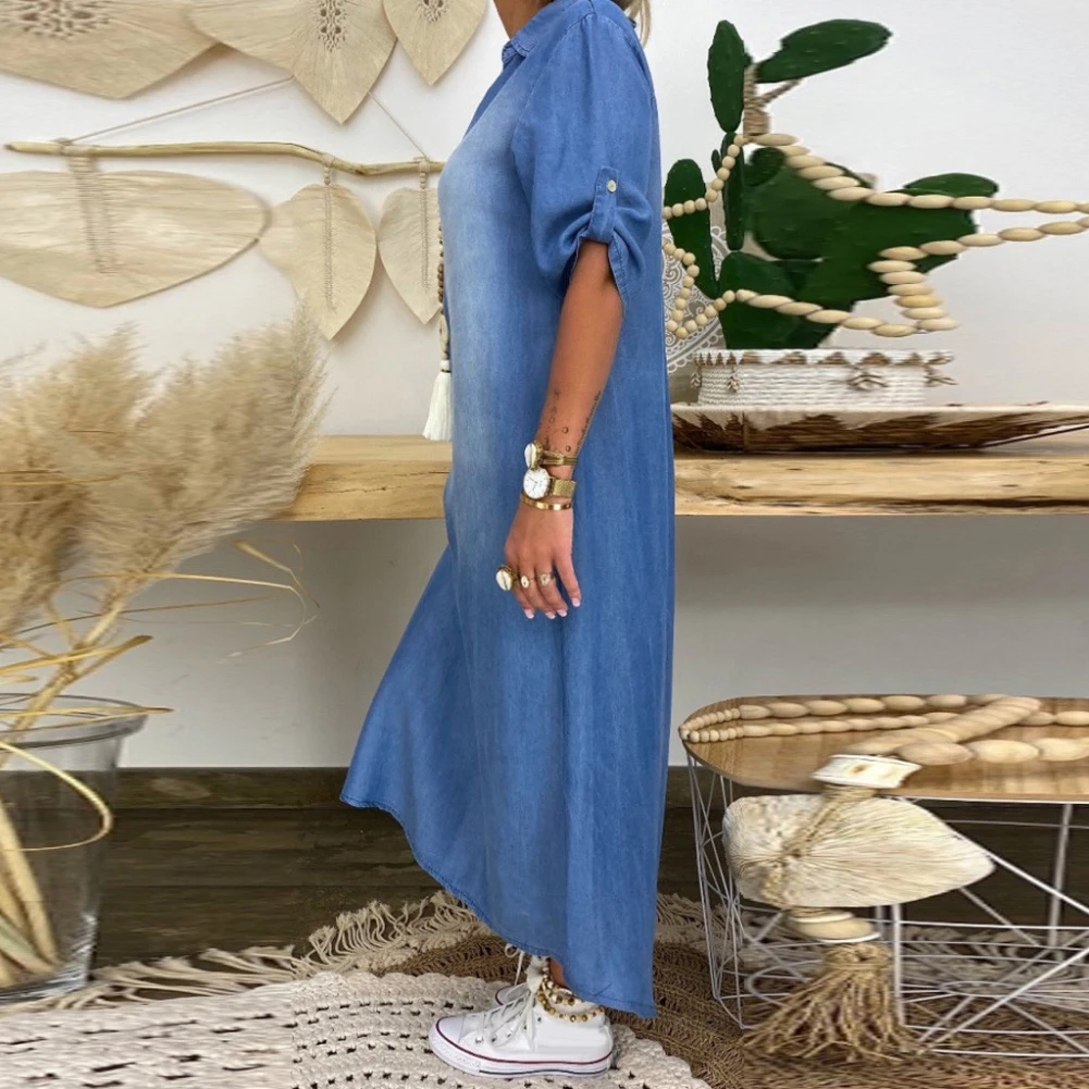 Женское джинсовое платье в стиле бохо винтажное Свободное длинное с V-образным