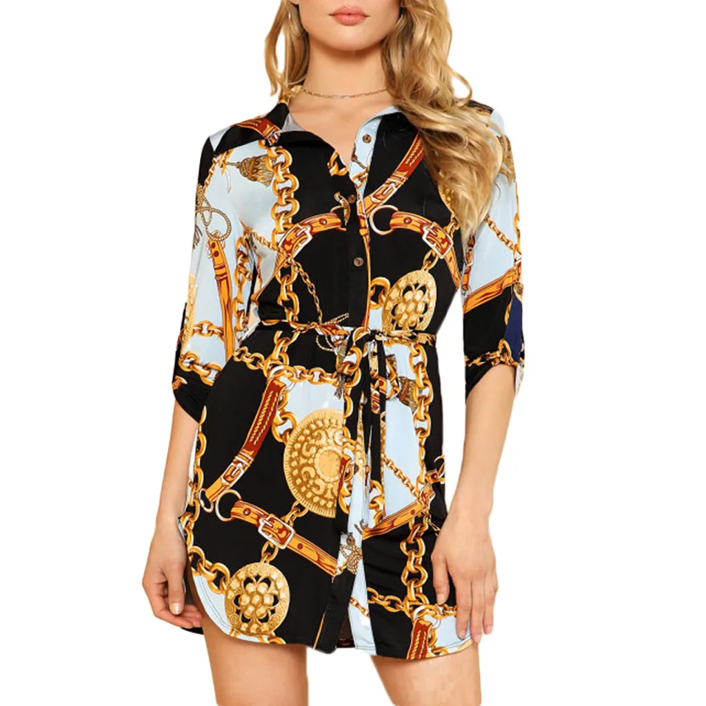 

Платье женское с длинным рукавом, Рубашка-платье с принтом цепей, модное повседневное мини-платье для женщин, размеры L *