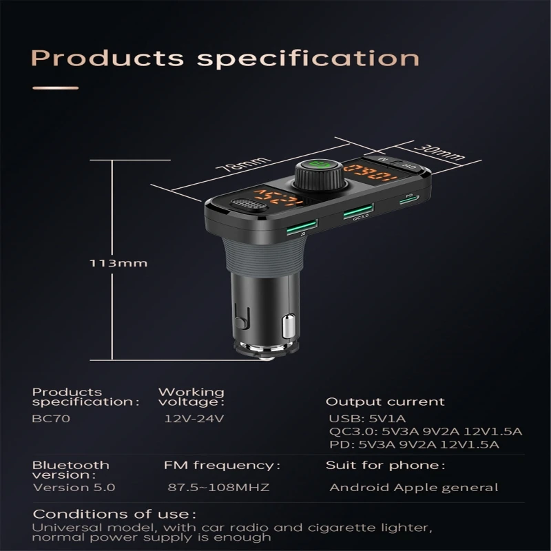 

Car FM transmitter Bluetooth Wireless Handsfree Car Kit 5.0 QC3.0 PD18W Quick Charger U Disk Music Player Dual LCD Display