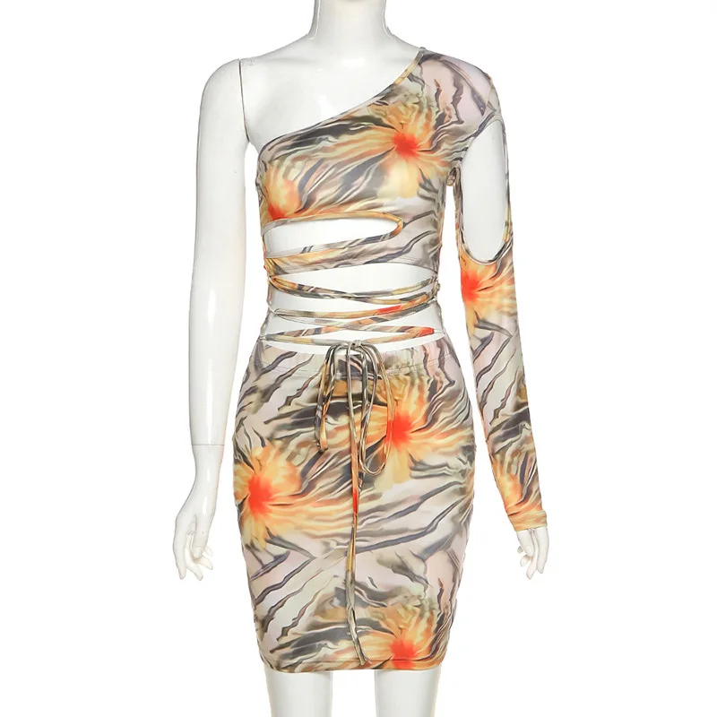 

U-CN Lace Up Floral Print Mini Dresses Women Bandage One Shoulder Sexy Skinny Bodycon Clubwear Female Fashion Outfits 2021 Hot