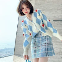 auturmn winter thick warm argyle plaid cardigan for women 2021 fashion v neck cherry appliques oversized sweater coat