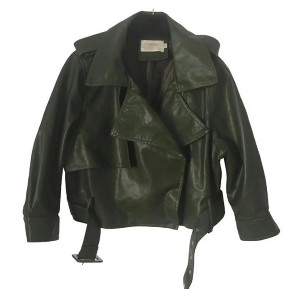 Women Faux Leather Jacket Camouflage Coat Loose Motor Style Oversized Female Gothic Turn-down Collar Biker With Belt | Женская одежда