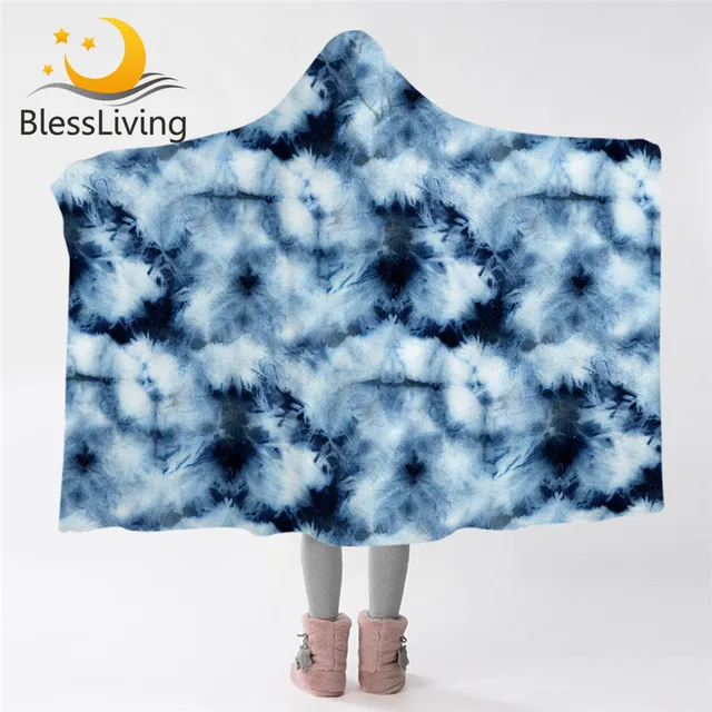 BlessLiving Tie Dye Hooded Blanket Boho Indigo Microfiber Sherpa Fleece Blanket Watercolor Wearable Throw Blanket Blue Bedding 1
