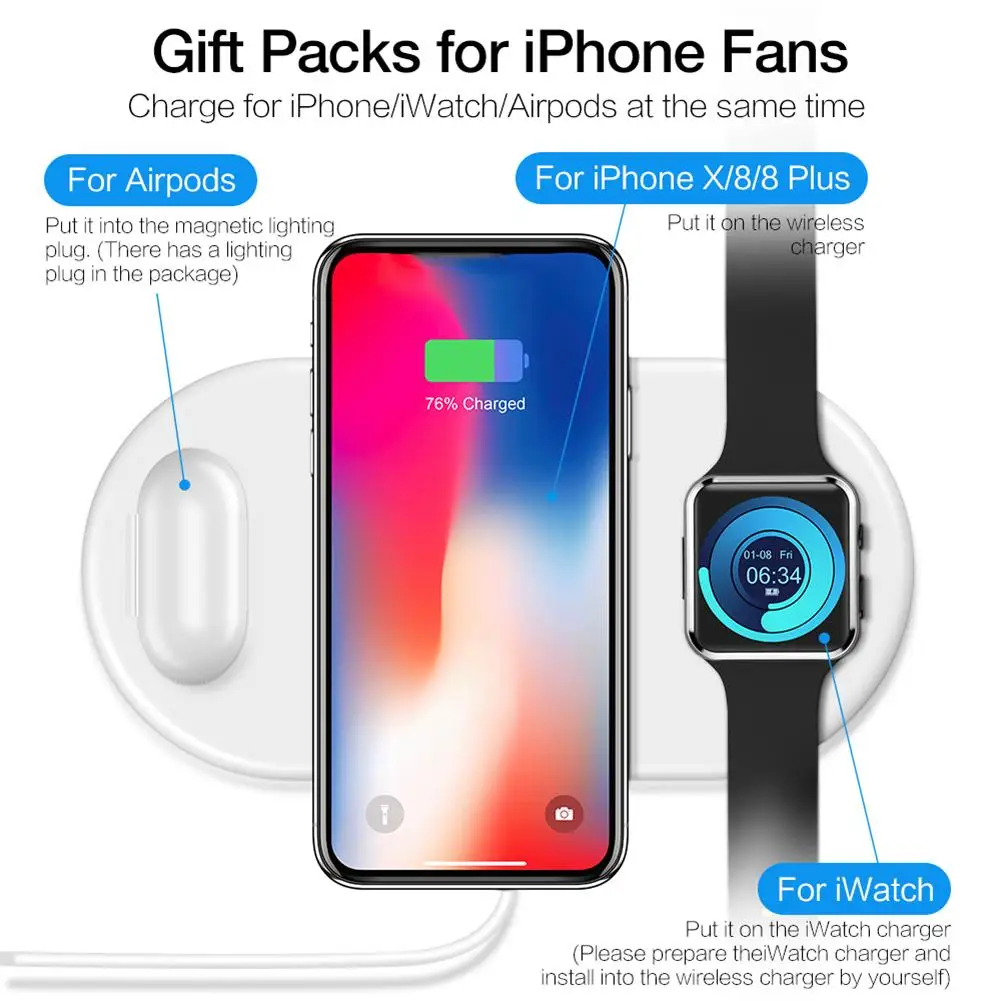 Беспроводное зарядное устройство 3 в 1 QI для IPhone X XR Xs Max Apple Watch IWatch AirPods
