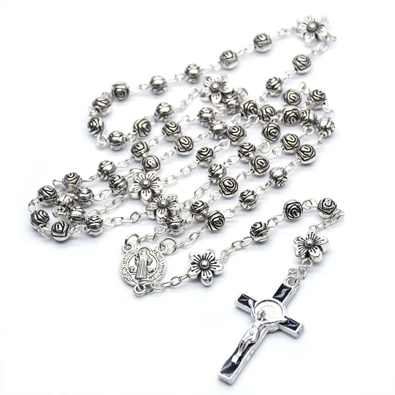 

QIGO Antique Rose Rosary Necklace Long Alloy Beads Cross Pendant Necklace Religious Prayer Jewelry