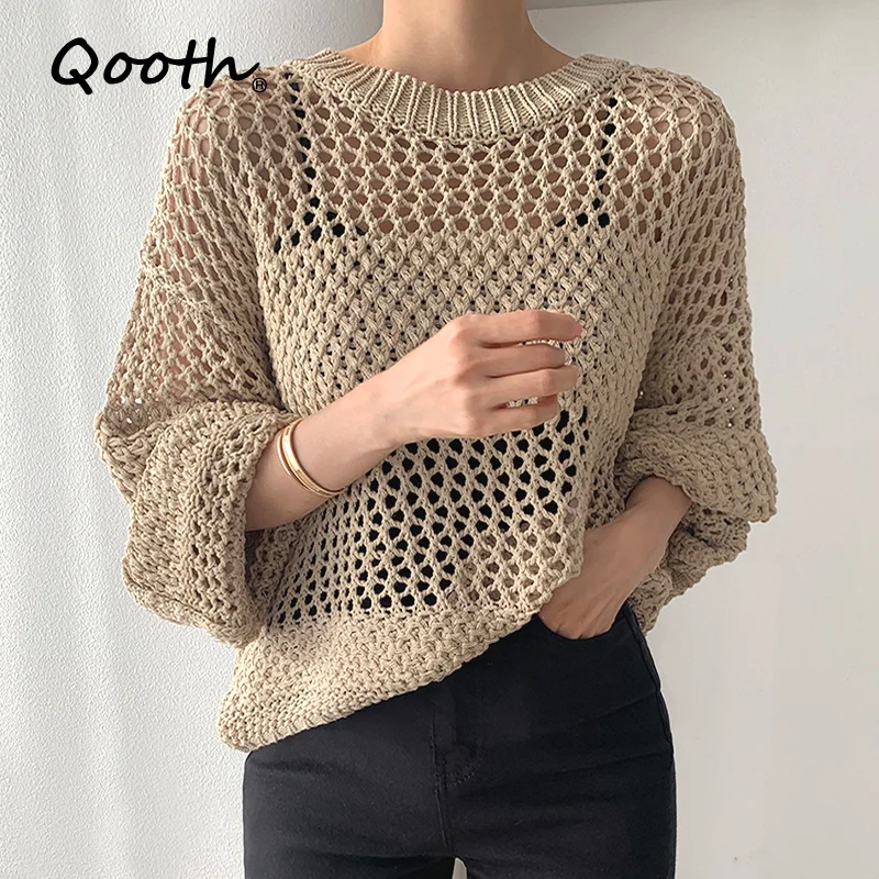 

Qooth Весенняя винтажная женская блузка с круглым вырезом, модные дизайнерские блузки с вырезами, свободная универсальная трикотажная рубашк...