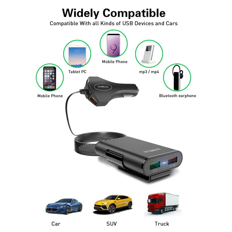 USLION, мульти USB, 4 порта, QC 3,0, автомобильное зарядное устройство, быстрая зарядка, телефон, быстрая зарядка, передний задний сиденье, зажим, зарядный адаптер, портативная вилка для iPhone