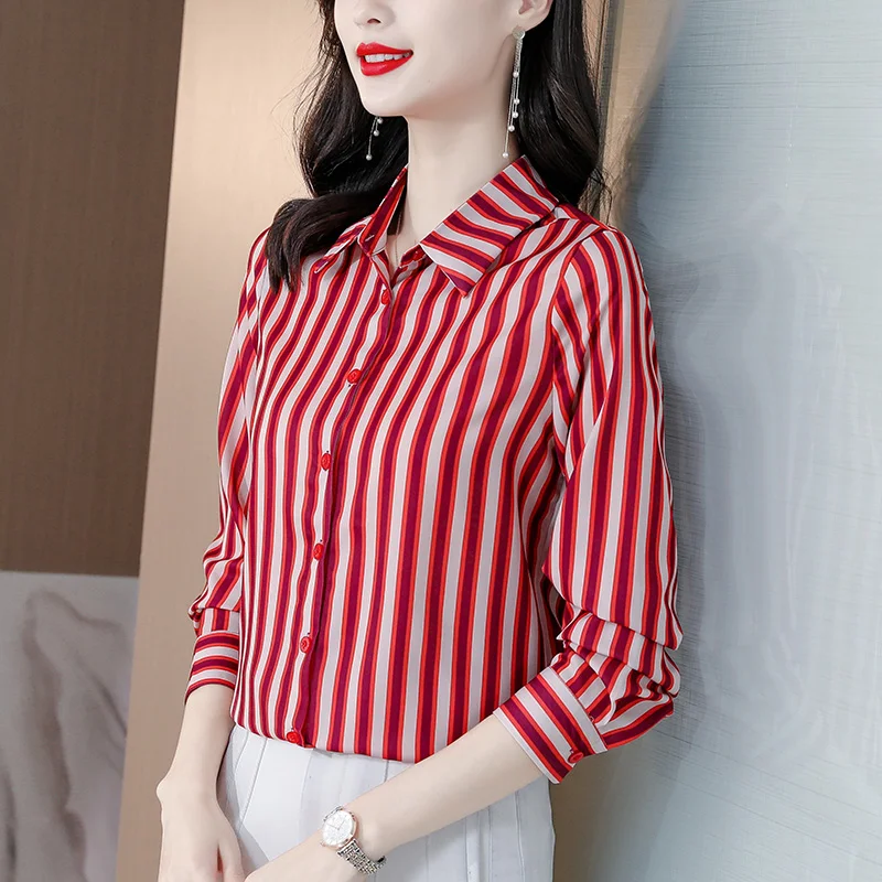 

Autumn Silk Office Lady Button Up Shirt Satin Long Sleeve Striped Women Shirts Blouses Fashion Ladies Tops Camisas De Mujer