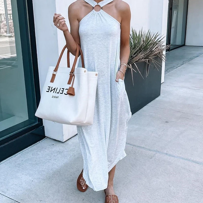 

Fashion Sling Hanging Neck Solid Color Dress With Pocket 2021 Summer Trend New Women Sexy Sleeveless Female Vestidos Outfit