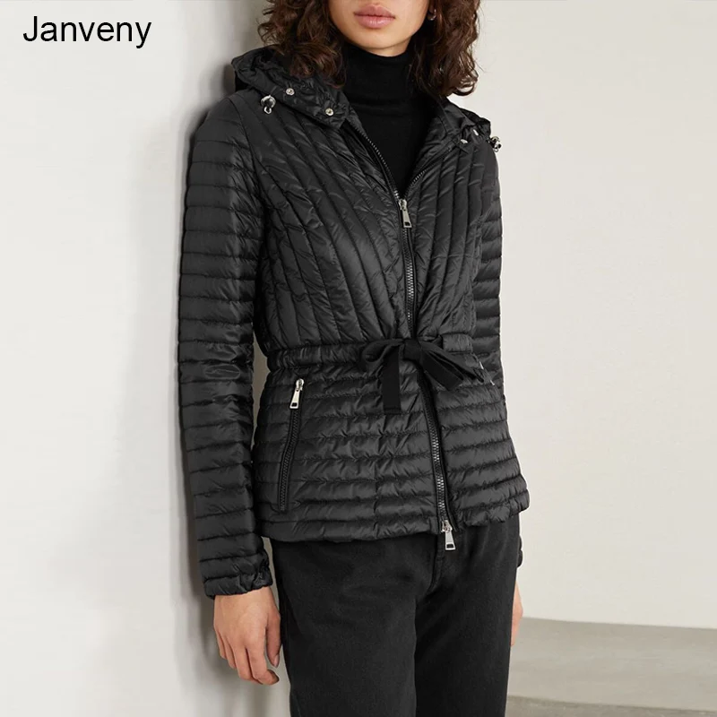 Janveny Ultra Light Down Jacket Women Winter Short 90% Goose Down Coat Hooded Slim Adjustable Waist Fluffy Puffer Female Parkas