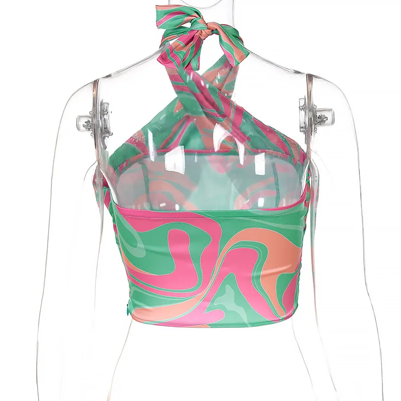 

Y2K EGIRL Vintage Y2K Backless Wave Print Halter Tops 90s Aesthetics Zipper Criss-Cross Sleeveless Satin Tank Tops Sexy Vests