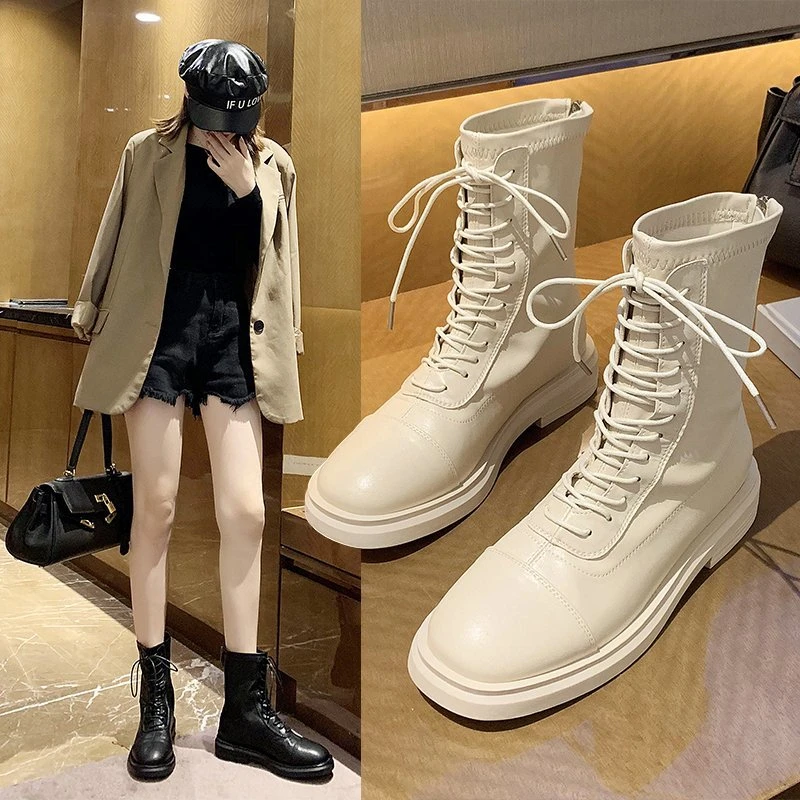 

Женские Классические ботинки на платформе, черные или бежевые повседневные ботильоны с круглым носком, весна-осень 2021