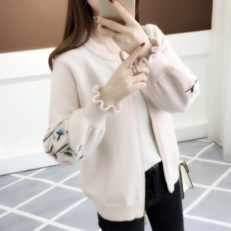 Jumper 2019 Autumn Outfit Sleeve Knit Cardigan Embroidered Lotus Leaf Loose Women's Clothing Han Edition Zipper Sweater Coat |