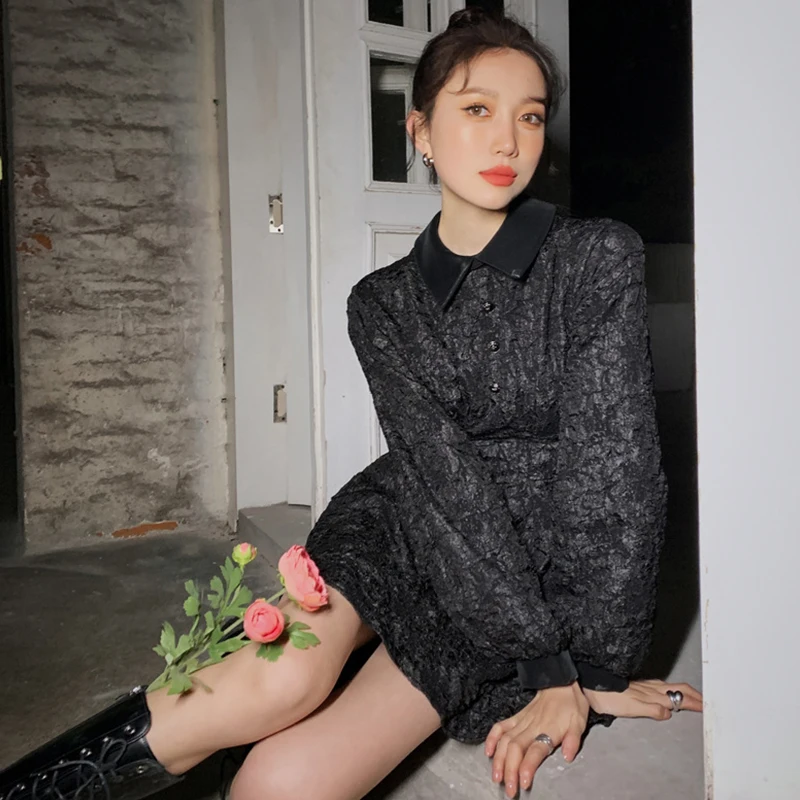 

Jacquard Buttons Harajuku Punk Pleated Dress Women Long Sleeve Short Dress Casual Preppy Style Gothic Black Dresses Streetwear