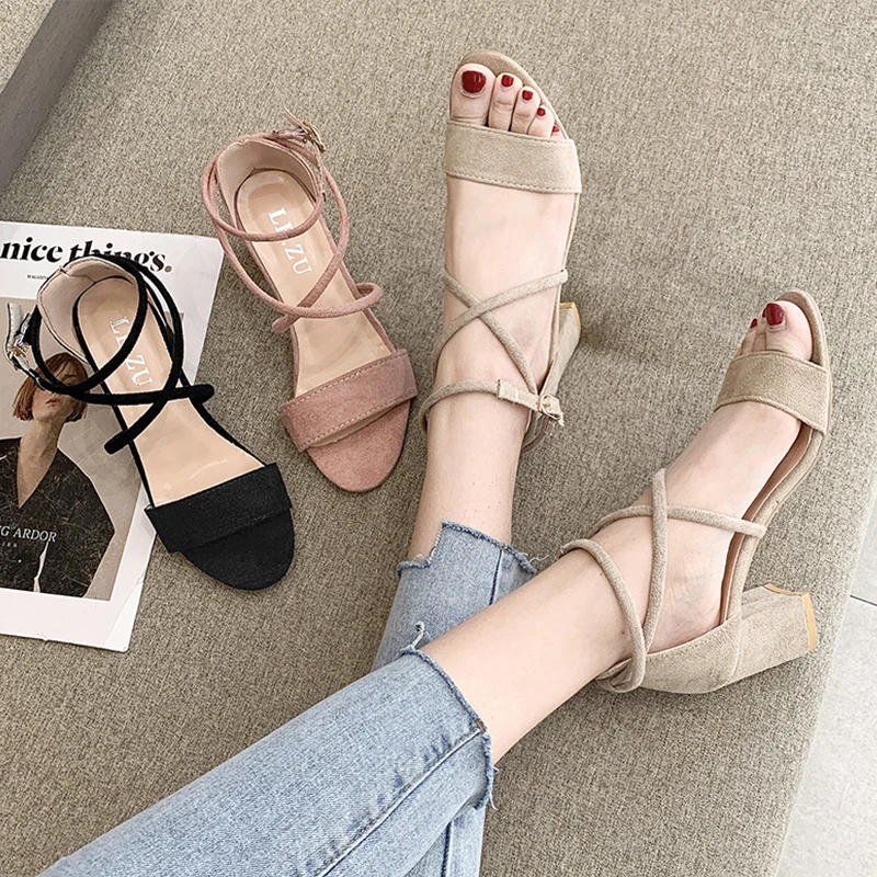 

Buckle Strap 2021 Summer Luxury Sandals Black Shoes for Women Clear Heels Med Fashion Beige Velvet Comfort Block New Medium High