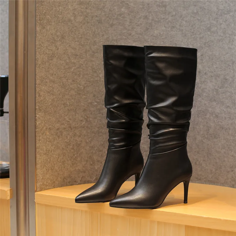 

ANNYMOLI Pleated Real Leather High Heel Long Boots Women Shoes Pointed Toe Thin Heels Slip-On Knee High Boots Ladies Winter 43