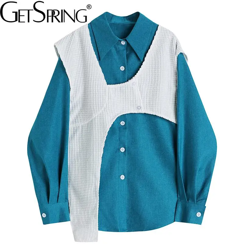 

Getspring Women Shirt Long Sleeve Loose Vintage Blouse Tops Color Matching Casual Fashion Shirt Spring And Autumn Clothing 2022