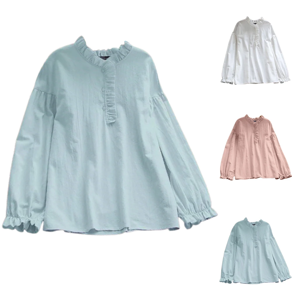 

Women Fashion Long Sleeve Ruffled Collar Blouse T-shirt Ladies Holiday Casual Baggy Tops Solid Color Pleated Top Bud Sleeve New