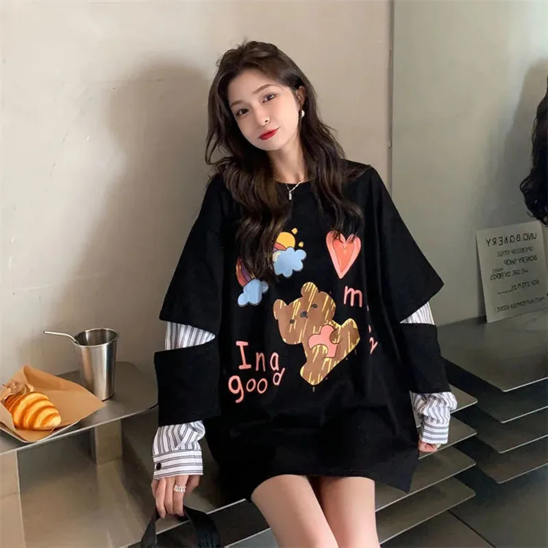 

Белая свободная футболка с длинным рукавом, женская весна-осень 2022, новый дизайн, нишевая одежда из двух частей с имитацией мультфильма, Ins р...