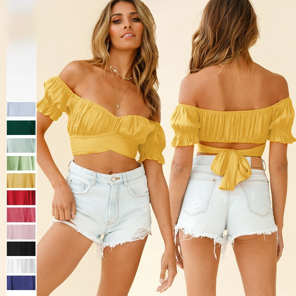 

Ladies T-shirt 2021 New Solid Color One-line Neck Sexy Ruffled Short-sleeved Shirt European and American Fashion Ultra Short Top