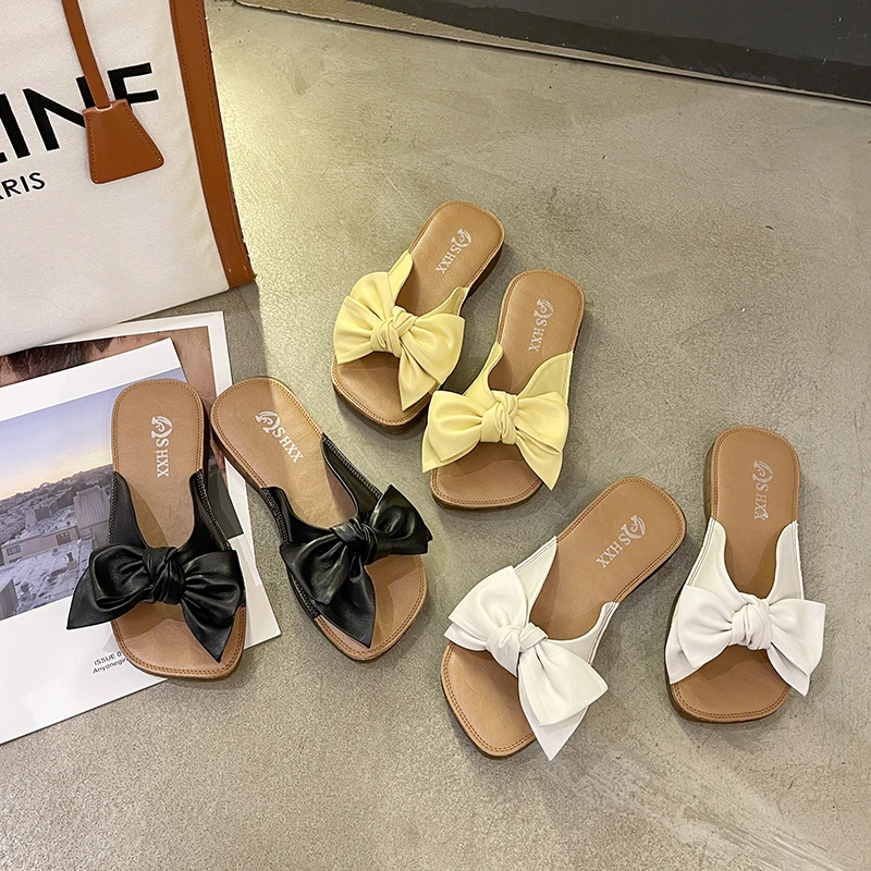 

Sandals Women Summer New Fashion Women's Sandals 2021 with Bow Soft Comfortable Women's Shoes Square Head Women's Slippers