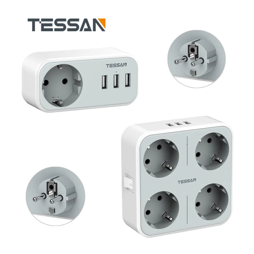 

TESSAN Wall Socket Power Strip EU Plug with 4 Outlets 3 USB Charging Ports Switch Extension Plug Power Adapter for Home Office