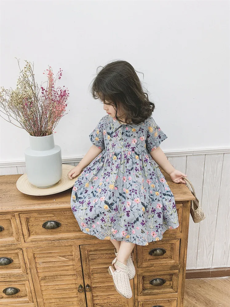 Хлопковое платье с цветочным принтом для девочек, Новинка лета, два стиля, модная одежда с короткими рукавами и бантом и рюшами для детей 3-8 лет - Цвет: nomal dress