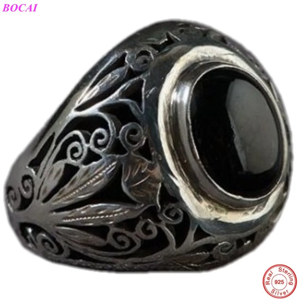 

BOCAI S925 Sterling Silver Rings 100% Real S925 Silver Starlight Agate Ring Vintage Thai Silver Craft Men's Fashion Silver Ring