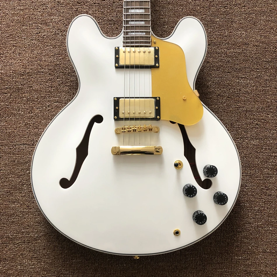 

Под заказ, высокое качество, Лидер продаж, электрическая гитара jazz с двойным f-образным отверстием, золотые аксессуары для гитары, высокое ка...