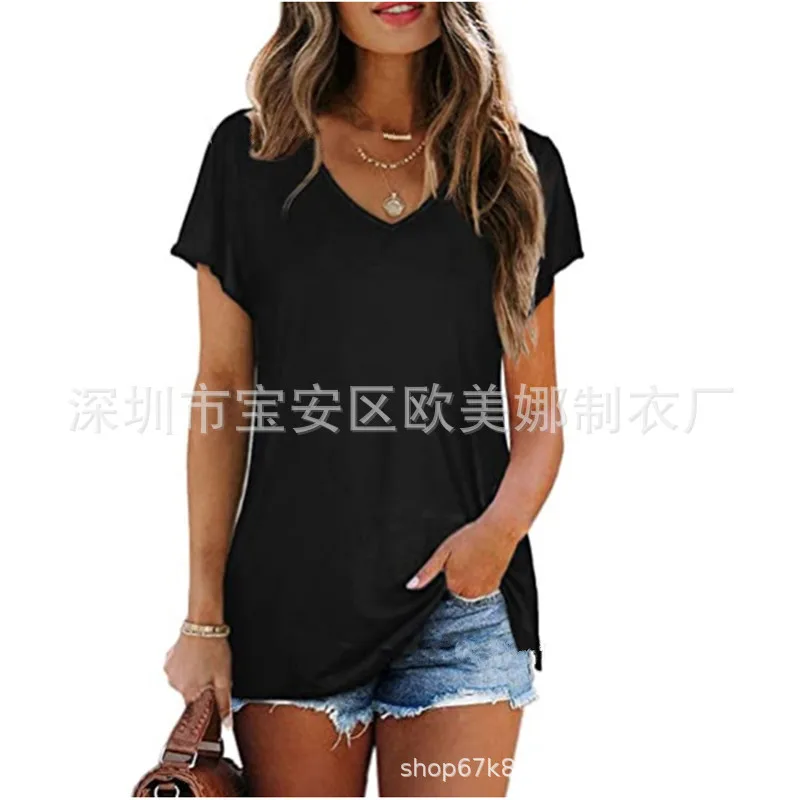 

Spring / summer 2021 new elegant short sleeve solid color V-neck loose T-shirt with split hem blouse
