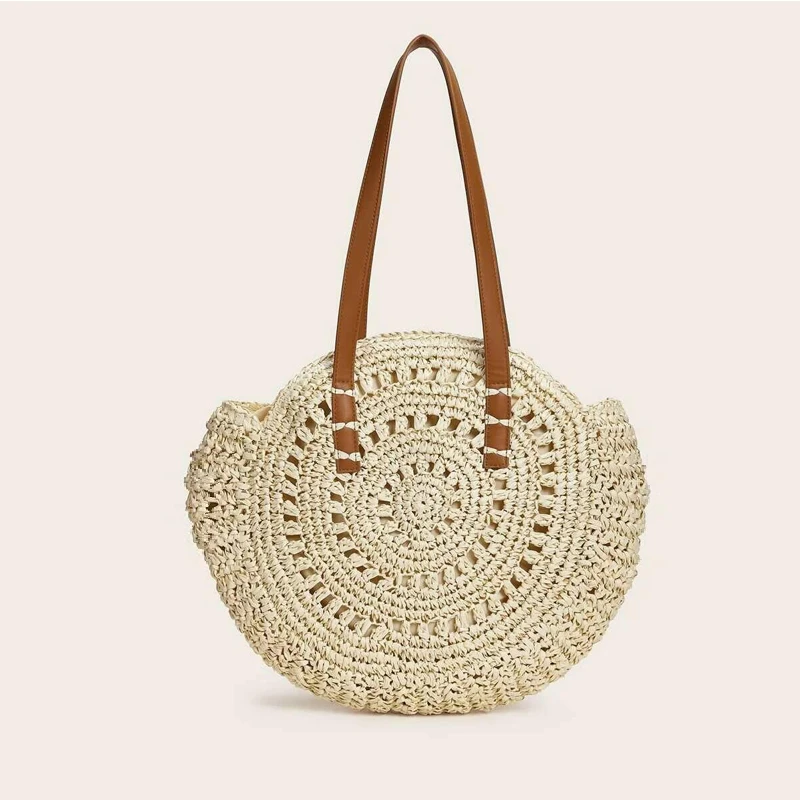 

Round Straw Beach Bag Vintage Handmade Woven Shoulder Bag Raffia circle Rattan bags Bohemian Summer Vacation Casual Bags bolsos