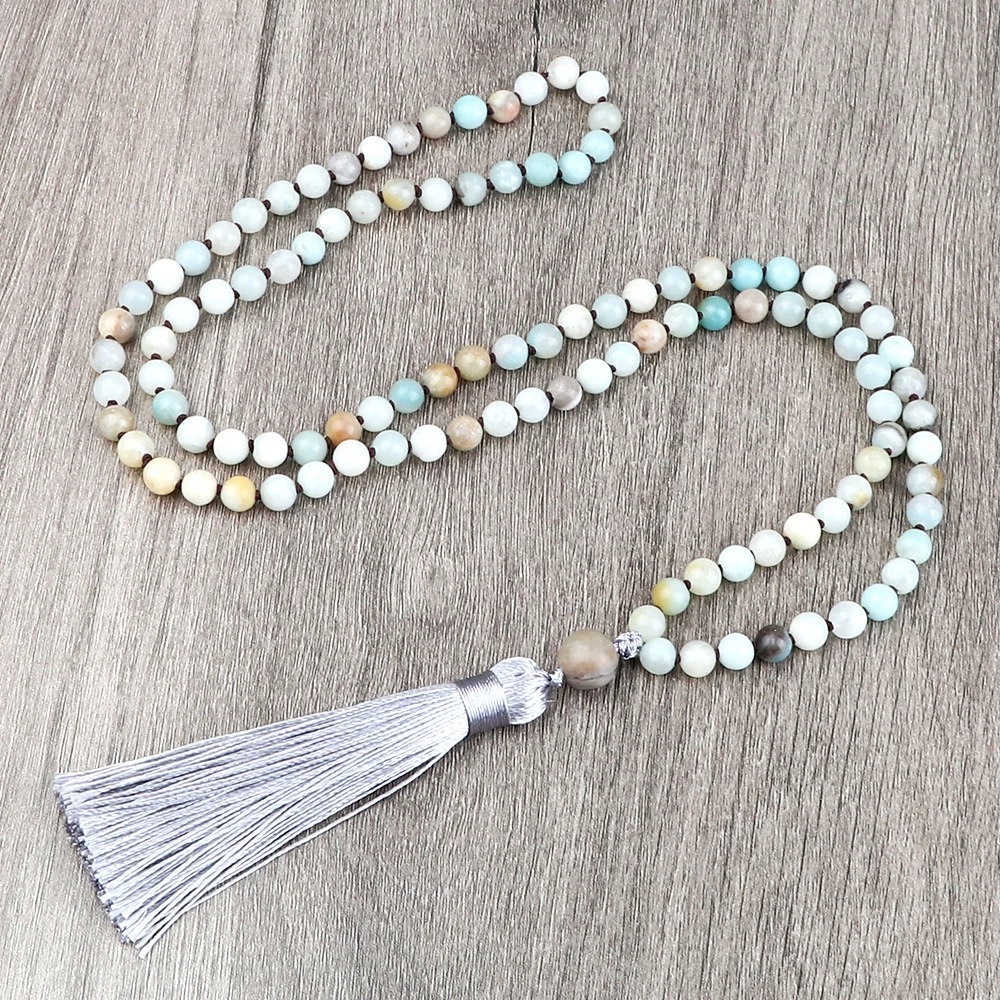 

Bohemian Tassel Yoga Long Necklace 108 Mala Beads Amazonite Knotted Necklaces for Women Men Fashion Meditation Buddhist Jewelry