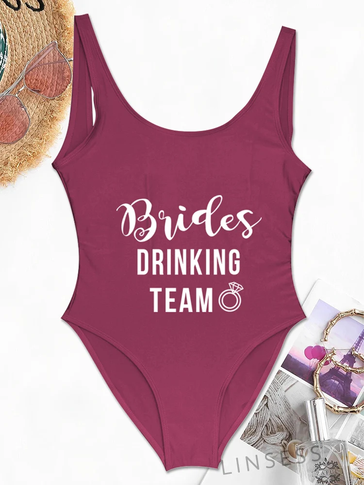 

Brides Drinking Team Swimsuits With Ring One Piece Swimwear Women Monokini Beach Wear Wedding Bachelor Party Zwarte Zwempak 2021