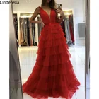 Красное платье для выпускного вечера с V-образным вырезом, плиссированное Тюлевое платье для выпускного вечера до пола без рукавов со шнуровкой